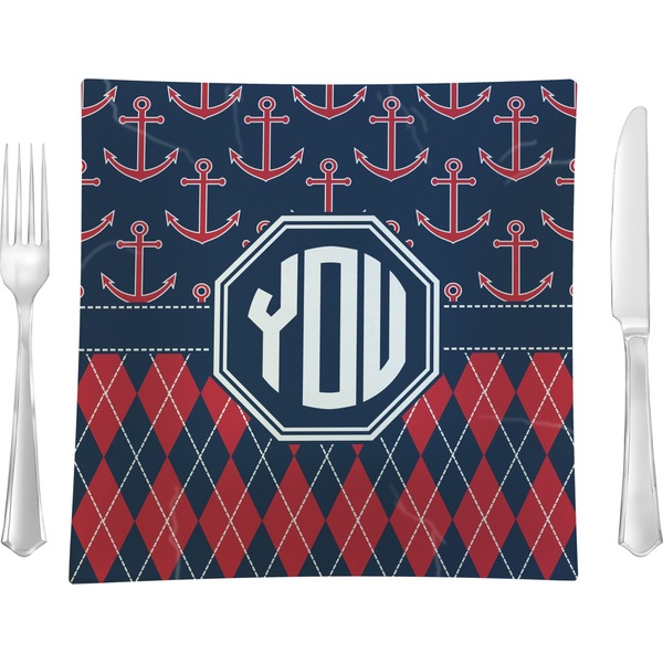 Custom Anchors & Argyle Glass Square Lunch / Dinner Plate 9.5" (Personalized)