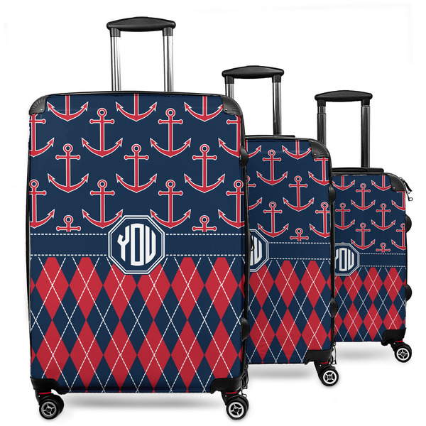 Custom Anchors & Argyle 3 Piece Luggage Set - 20" Carry On, 24" Medium Checked, 28" Large Checked (Personalized)