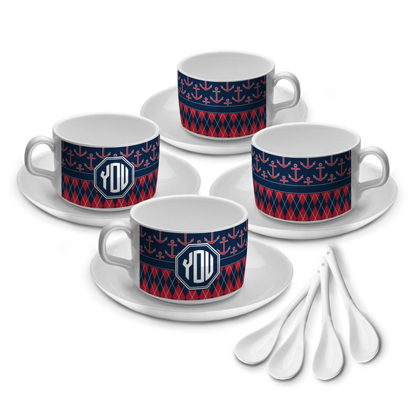 Custom Anchors & Argyle Tea Cup - Set of 4 (Personalized)