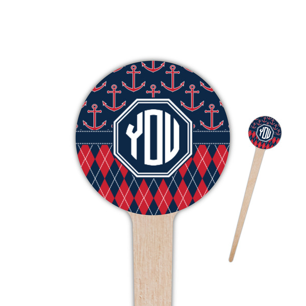 Custom Anchors & Argyle 4" Round Wooden Food Picks - Single Sided (Personalized)