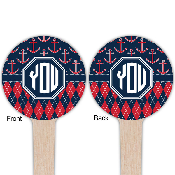 Anchors & Argyle Wooden 4" Food Pick - Round - Double Sided - Front & Back