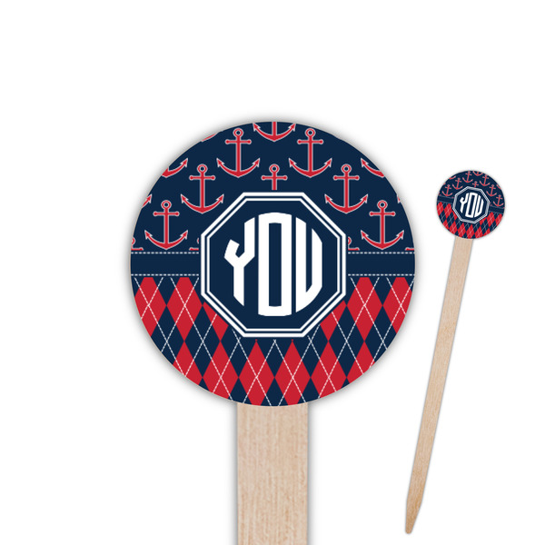 Custom Anchors & Argyle 6" Round Wooden Food Picks - Single Sided (Personalized)
