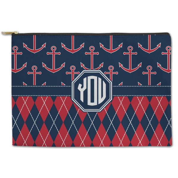 Custom Anchors & Argyle Zipper Pouch - Large - 12.5"x8.5" (Personalized)