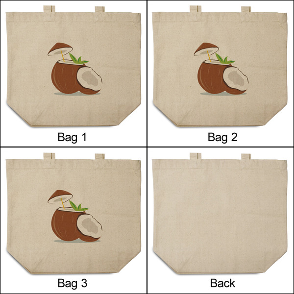 Coconut and Leaves 3 Reusable Cotton Grocery Bags - Front & Back View