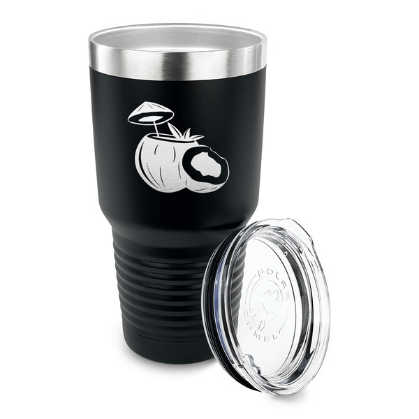 Coconut and Leaves 30 oz Stainless Steel Ringneck Tumblers - Black - LID OFF