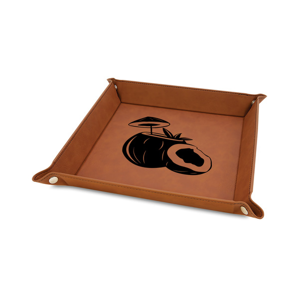 Custom Coconut and Leaves Faux Leather Dice Tray - 6" x 6" - Rawhide