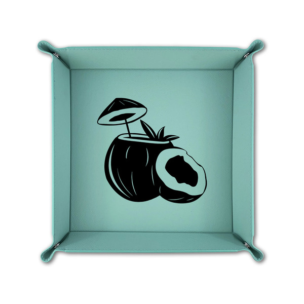 Coconut and Leaves 6" x 6" Teal Leatherette Snap Up Tray - FOLDED UP