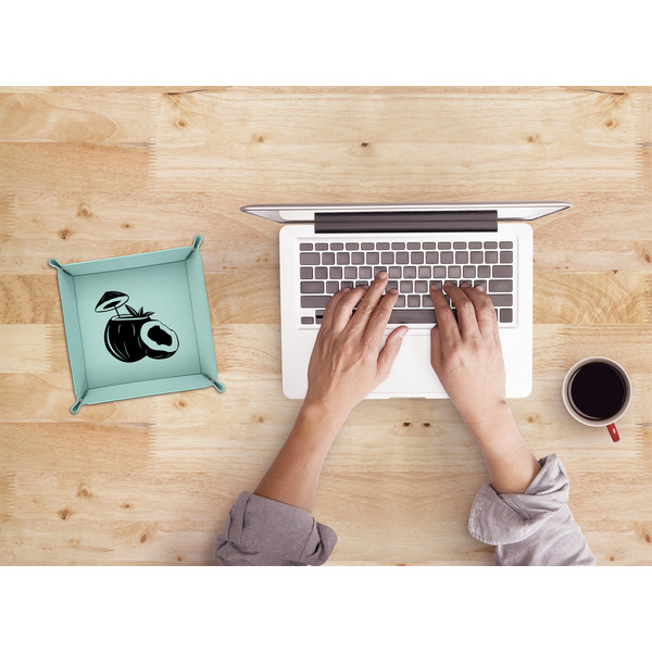 Coconut and Leaves 6" x 6" Teal Leatherette Snap Up Tray - LIFESTYLE