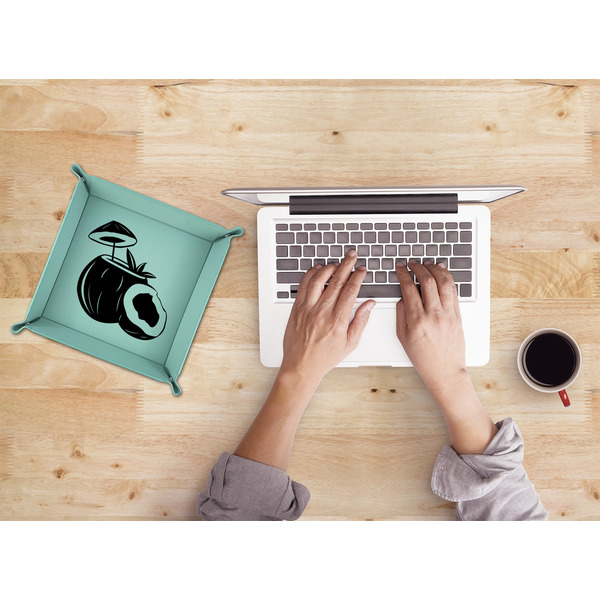 Coconut and Leaves 9" x 9" Teal Leatherette Snap Up Tray - LIFESTYLE