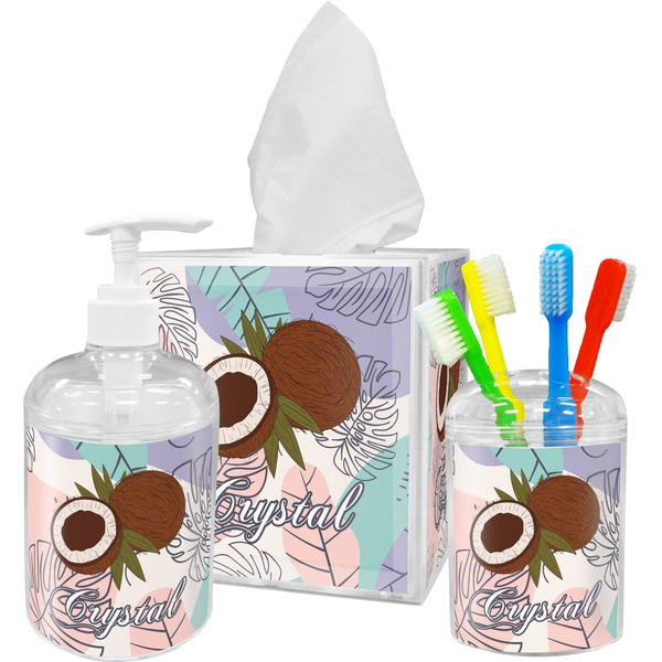 Custom Coconut and Leaves Acrylic Bathroom Accessories Set w/ Name or Text