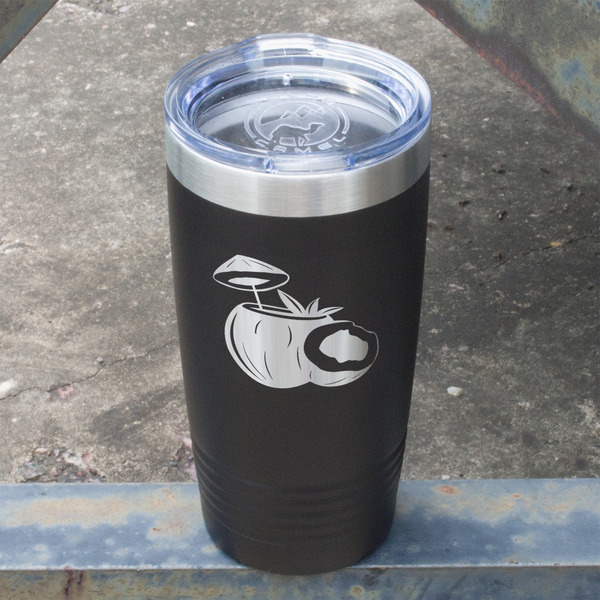 Coconut and Leaves Black Polar Camel Tumbler - 20oz - Angled