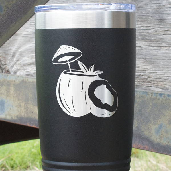 Coconut and Leaves Black Polar Camel Tumbler - 20oz - Close Up