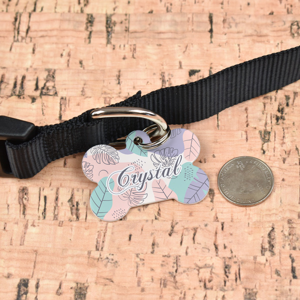 Coconut and Leaves Bone Shaped Dog ID Tag - Large - In Context