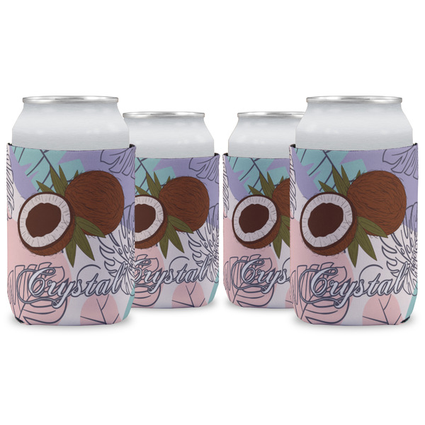 Custom Coconut and Leaves Can Cooler (12 oz) - Set of 4 w/ Name or Text
