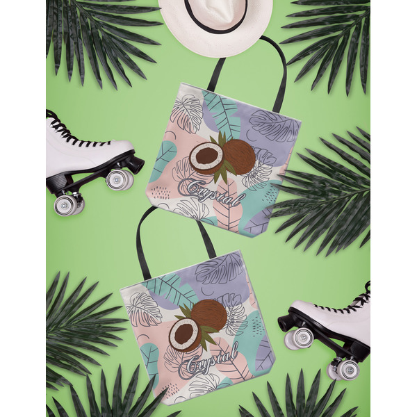 Coconut and Leaves Canvas Tote Lifestyle Front and Back- 13x13