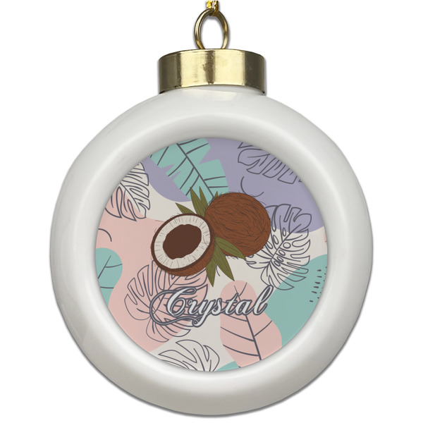 Custom Coconut and Leaves Ceramic Ball Ornament (Personalized)