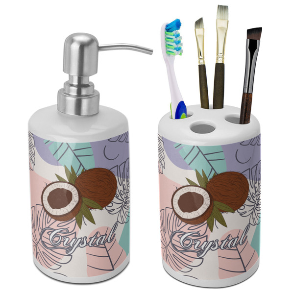 Custom Coconut and Leaves Ceramic Bathroom Accessories Set (Personalized)