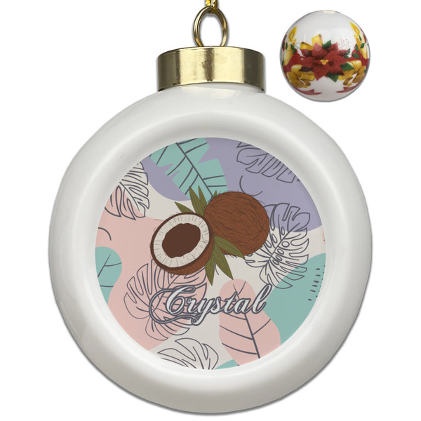 Custom Coconut and Leaves Ceramic Ball Ornaments - Poinsettia Garland (Personalized)