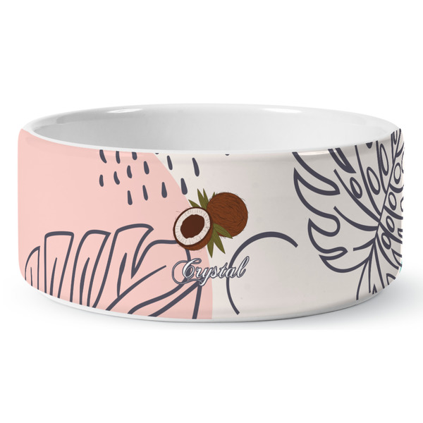 Custom Coconut and Leaves Ceramic Dog Bowl (Personalized)