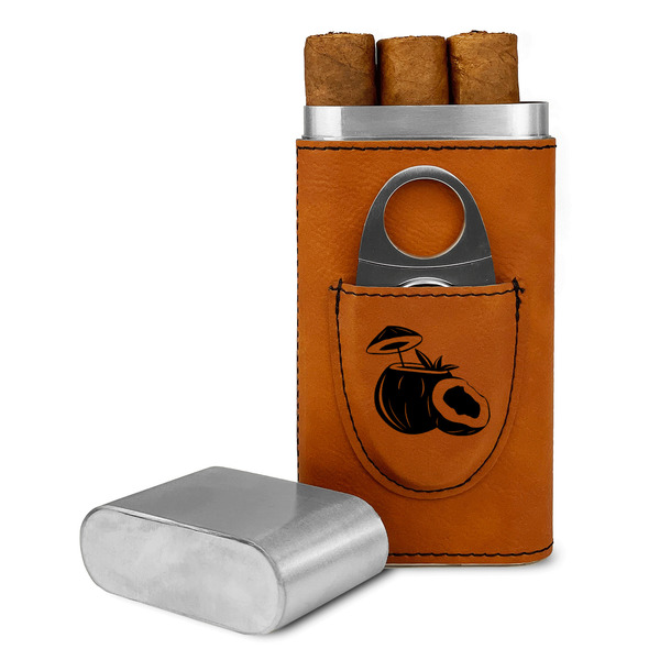 Custom Coconut and Leaves Cigar Case with Cutter - Rawhide - Double Sided