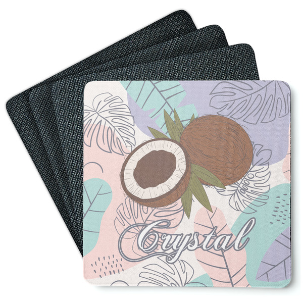 Custom Coconut and Leaves Square Rubber Backed Coasters - Set of 4 w/ Name or Text