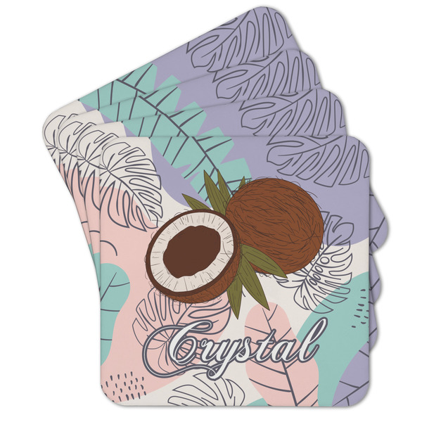 Custom Coconut and Leaves Cork Coaster - Set of 4 w/ Name or Text
