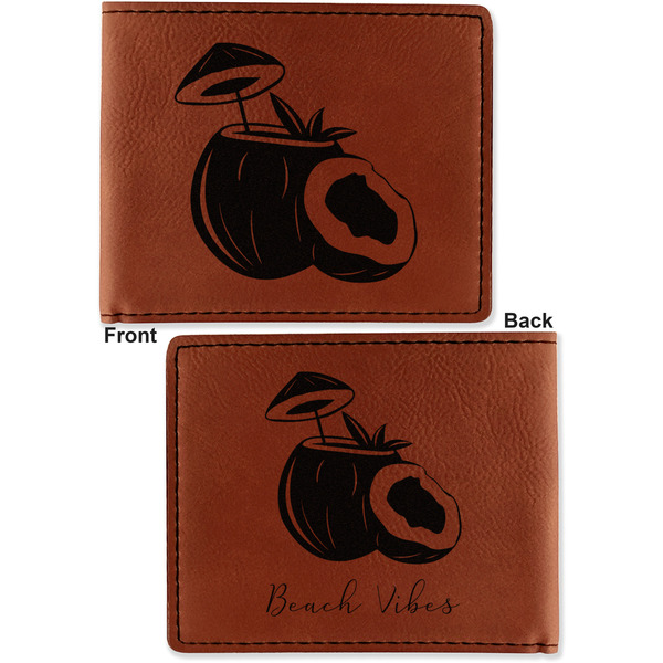 Coconut and Leaves Cognac Leatherette Bifold Wallets - Front and Back