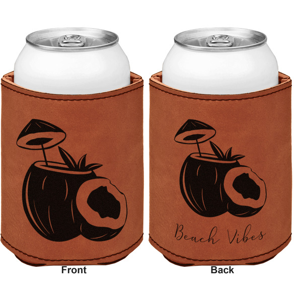 Coconut and Leaves Cognac Leatherette Can Sleeve - Double Sided Front and Back