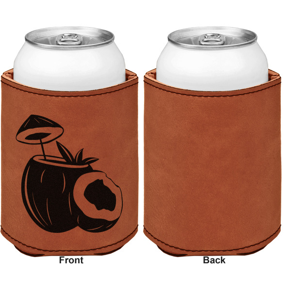 Coconut and Leaves Cognac Leatherette Can Sleeve - Single Sided Front and Back