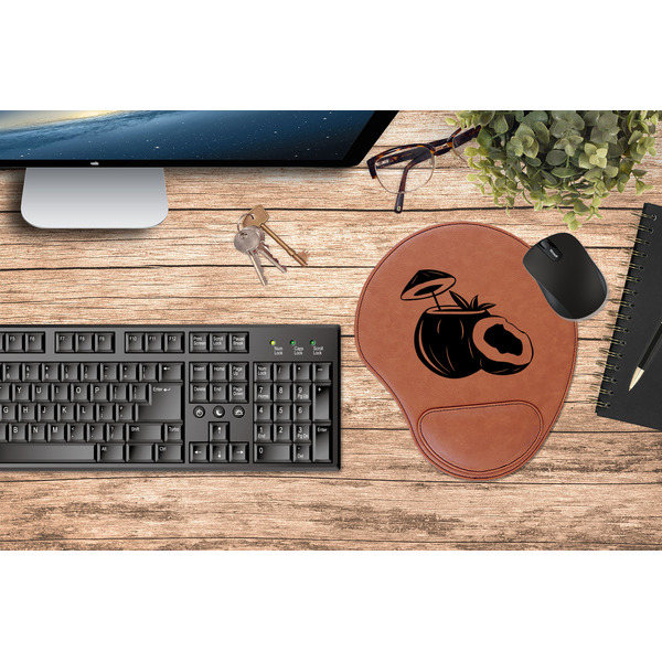 Coconut and Leaves Cognac Leatherette Mousepad with Wrist Support - Lifestyle Image