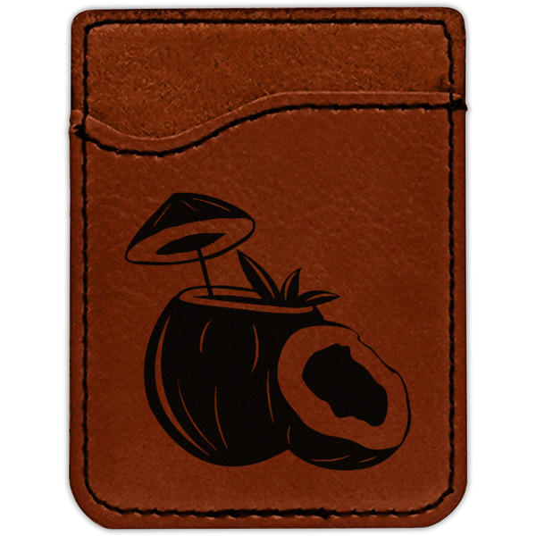Coconut and Leaves Cognac Leatherette Phone Wallet close up