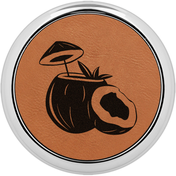 Custom Coconut and Leaves Leatherette Round Coaster w/ Silver Edge