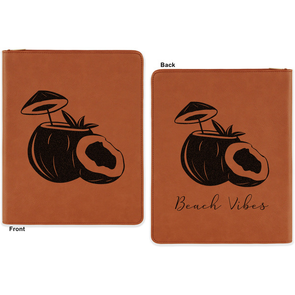 Coconut and Leaves Cognac Leatherette Zipper Portfolios with Notepad - Double Sided - Apvl