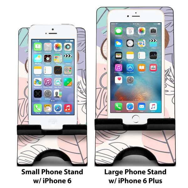 Coconut and Leaves Compare Phone Stand Sizes - with iPhones