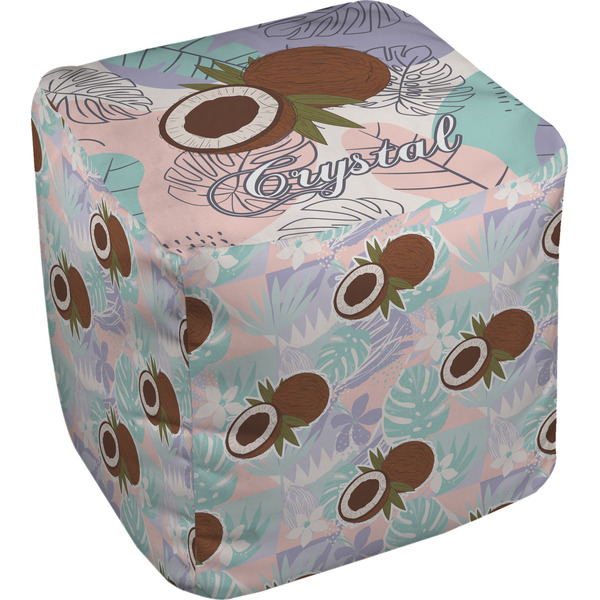 Custom Coconut and Leaves Cube Pouf Ottoman - 13" w/ Name or Text