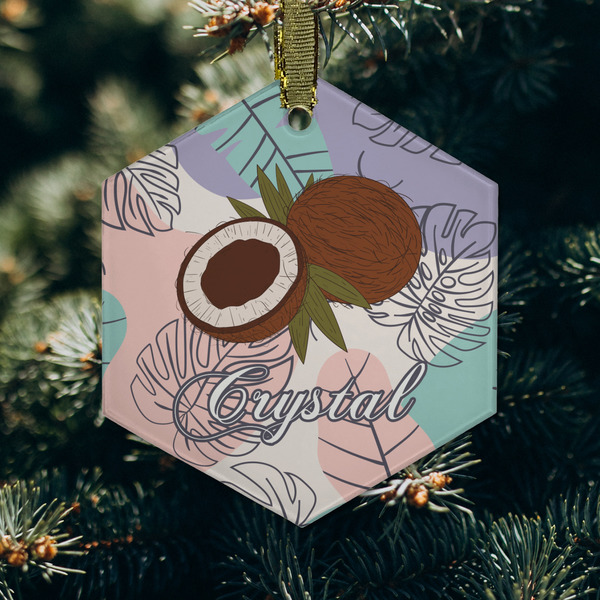 Coconut and Leaves Frosted Glass Ornament - Hexagon (Lifestyle)