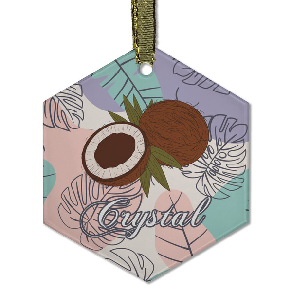 Custom Coconut and Leaves Flat Glass Ornament - Hexagon w/ Name or Text