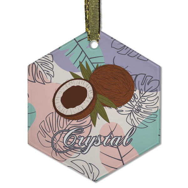 Custom Coconut and Leaves Flat Glass Ornament - Hexagon w/ Name or Text