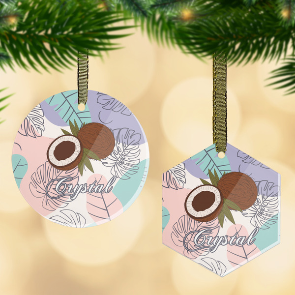 Custom Coconut and Leaves Flat Glass Ornament w/ Name or Text