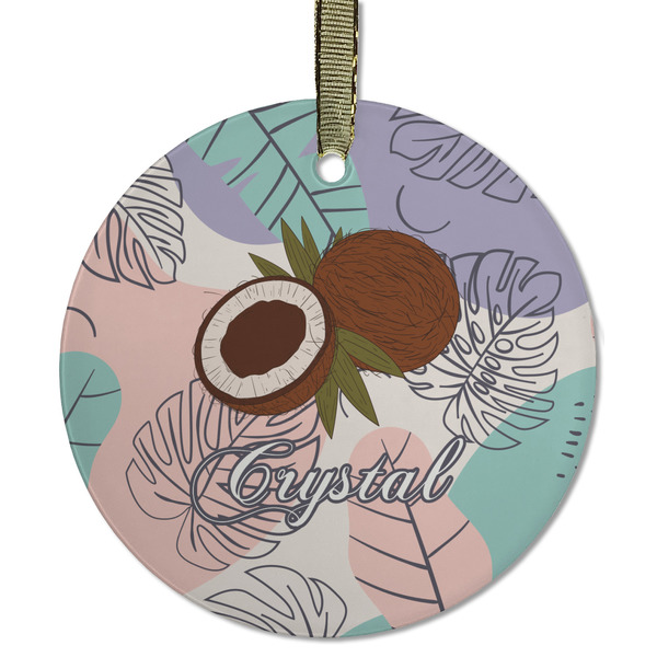 Custom Coconut and Leaves Flat Glass Ornament - Round w/ Name or Text