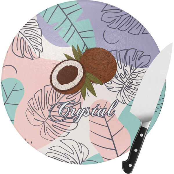 Custom Coconut and Leaves Round Glass Cutting Board - Medium (Personalized)