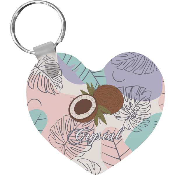 Custom Coconut and Leaves Heart Plastic Keychain w/ Name or Text
