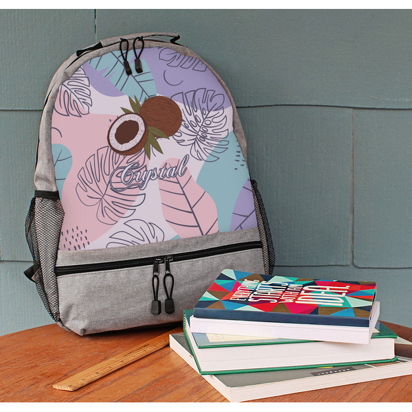 Coconut and Leaves Large Backpack - Gray - On Desk