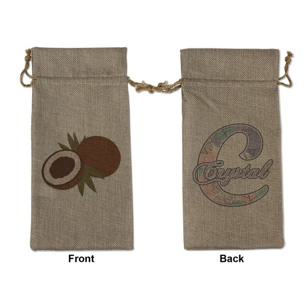 Custom Coconut and Leaves Large Burlap Gift Bag - Front & Back (Personalized)