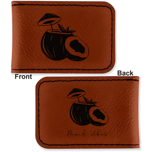 Coconut and Leaves Leatherette Magnetic Money Clip - Front and Back
