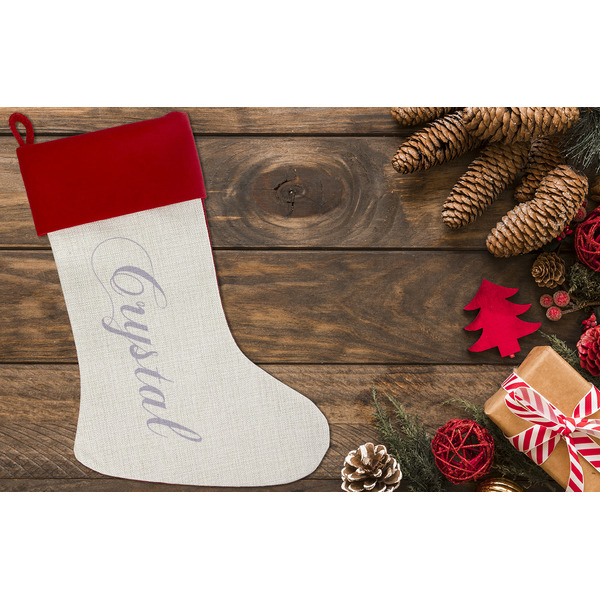 Coconut and Leaves Linen Stocking w/Red Cuff - Flat Lay (LIFESTYLE)