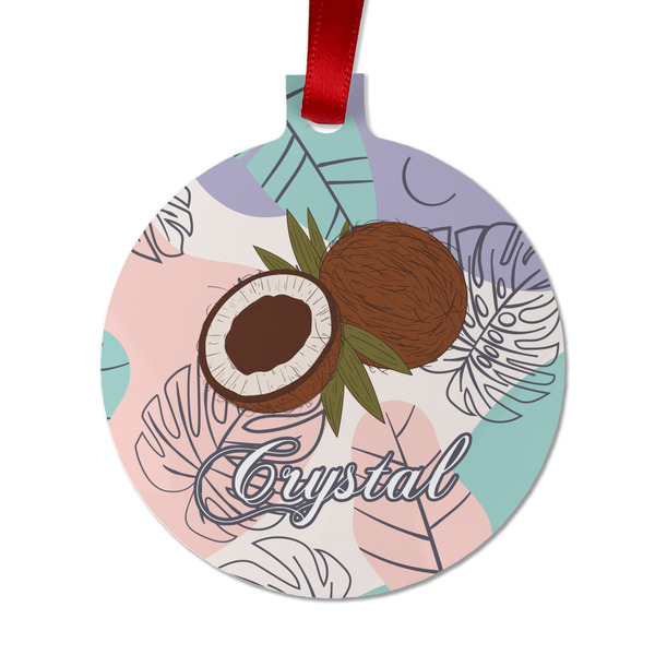 Custom Coconut and Leaves Metal Ball Ornament - Double Sided w/ Name or Text
