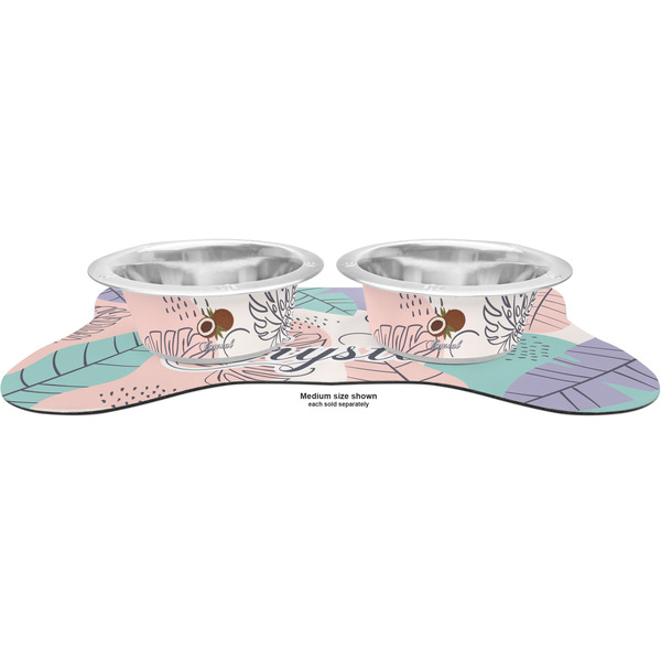 Coconut and Leaves Metal Pet Bowls - On Dog Bone Shaped Mat