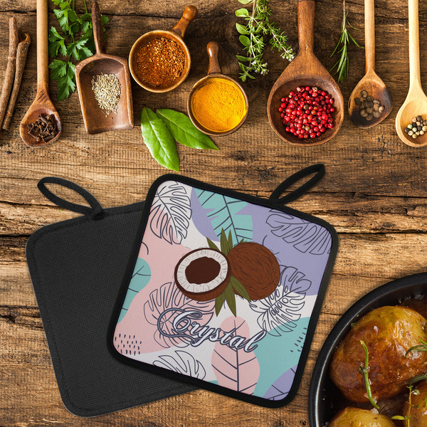 Coconut and Leaves Neoprene Pot Holder - Set of 2  LIFESTYLE (Flatlay)