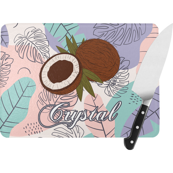 Custom Coconut and Leaves Rectangular Glass Cutting Board - Large - 15.25"x11.25" w/ Name or Text
